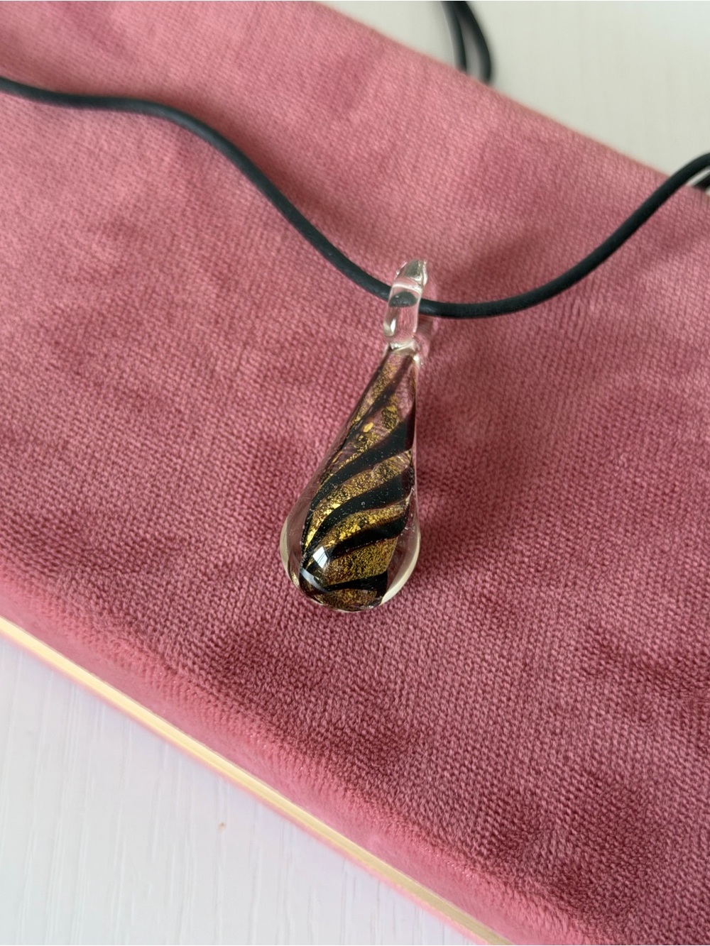 Murano Glass Teardrop Pendant Necklace – Gold & Black Swirl